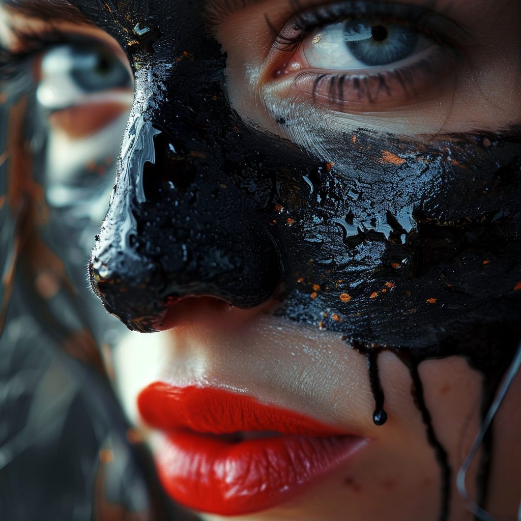 Two Shadows key art: a face in black war paint with red lips