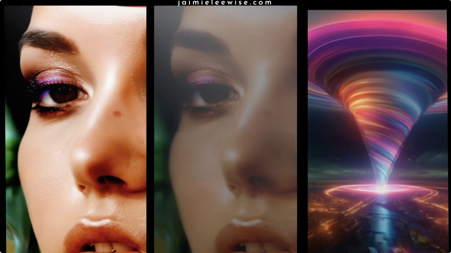 Three frames: two close portraits and a spiralling vortex of coloured light over a city