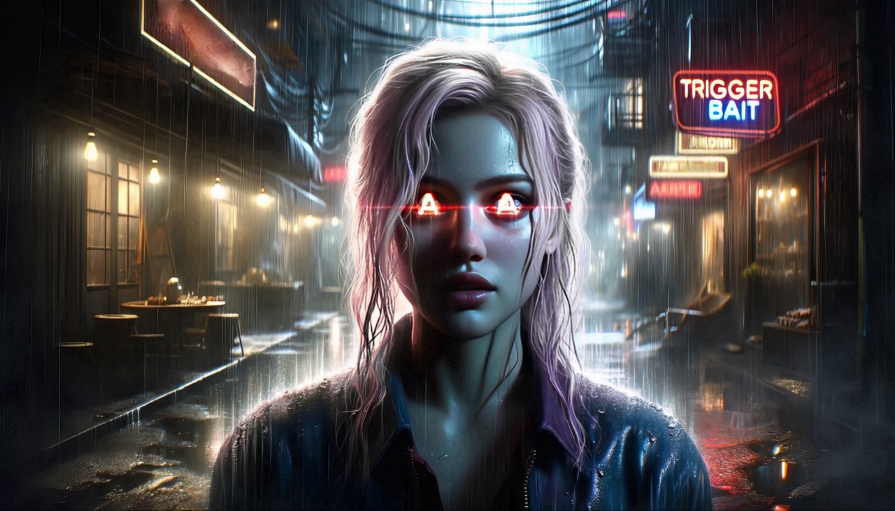 Acid @ Sage key art: a woman with glowing red eyes in a rain-soaked neon alley